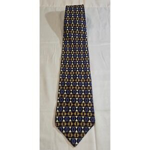 Mulberry Silk Geometric Pattern Neck Tie Blue Gold Men's‎ Formal Accessory